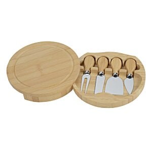 Additional Image 1 - a wooden cheese board with a set of cheese knives