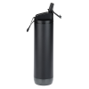 a black water bottle with a black handle