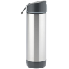 a silver and black water bottle