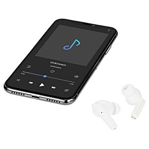 Additional Image 3 - a black cell phone with a blue screen and earbuds