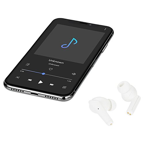 Additional Image 3 - a black cell phone with a blue screen and earbuds