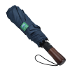 a blue umbrella with a wooden handle