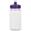 a plastic water bottle with a purple lid