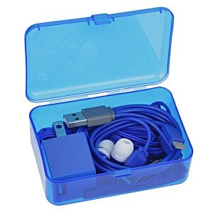Additional Image 3 - a blue plastic box with a blue cord and ear buds