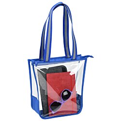 a blue and white bag with a red and black object on it