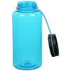 a blue water bottle with a black cap