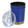 a blue and gold cup with a lid