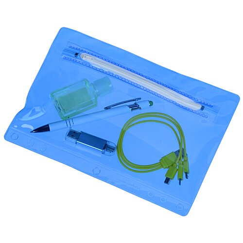 Additional Image 1 - a blue plastic bag with a green tube and other objects on it