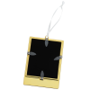 a black and yellow tag with a string