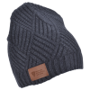 a black knit hat with a brown patch