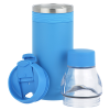 a blue and clear water bottle
