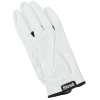 a white glove with black trim