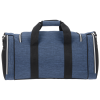 a blue duffel bag with black straps