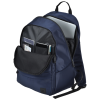 a blue backpack with a black pocket