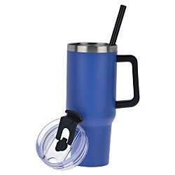 a blue and black tumbler with a straw