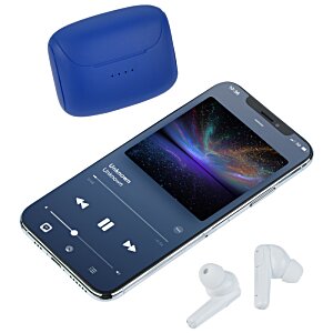 Additional Image 3 - a blue cell phone with a blue case and ear buds