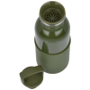 a green water bottle with a strap