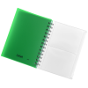 a green and white spiral notebook