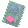 a green notebook with a pink post-it note