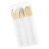 a wooden spoon and fork in a white wrapper