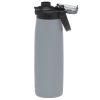 a grey water bottle with a black lid