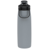 a grey water bottle with a black lid