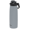 a grey water bottle with a black lid