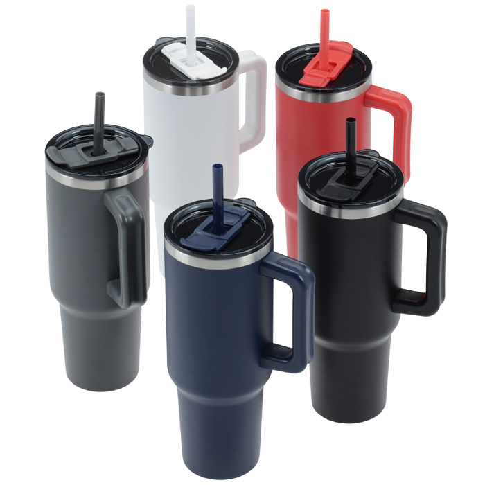 Logo Pinnacle Insulated Travel Tumblers with Straw (40 Oz.), Travel Mugs