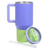 a purple and green mug with a magnifying glass