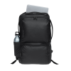 a black backpack with a white label