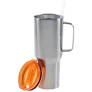 Additional Image 1 - a silver mug with a straw and an orange lid