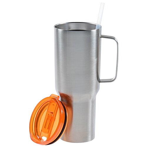 Additional Image 1 - a silver mug with a straw and an orange lid