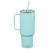 a blue mug with a straw