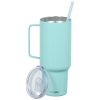 a blue and silver coffee mug with a straw