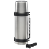 a silver thermos with black straps