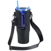 a black and blue water bottle with a strap