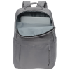 a grey backpack with a white background