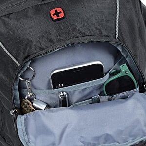 Additional Image 5 - a black backpack with a cell phone and sunglasses inside