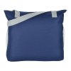 a blue bag with grey straps