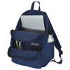 a blue backpack with a laptop and other items in it