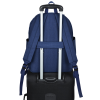 a blue backpack with silver straps