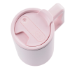 a pink mug with a handle