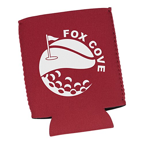 Additional Image 1 - a red can cooler with a white logo