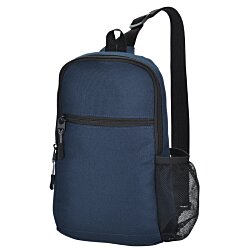 a blue backpack with a strap