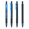 a group of pens with blue caps