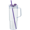 a clear plastic cup with purple straw