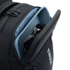 a black backpack with a blue handle