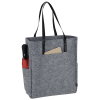 a grey tote bag with a pen and a paper in it