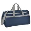 a blue and grey duffel bag