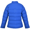 a blue puffer jacket